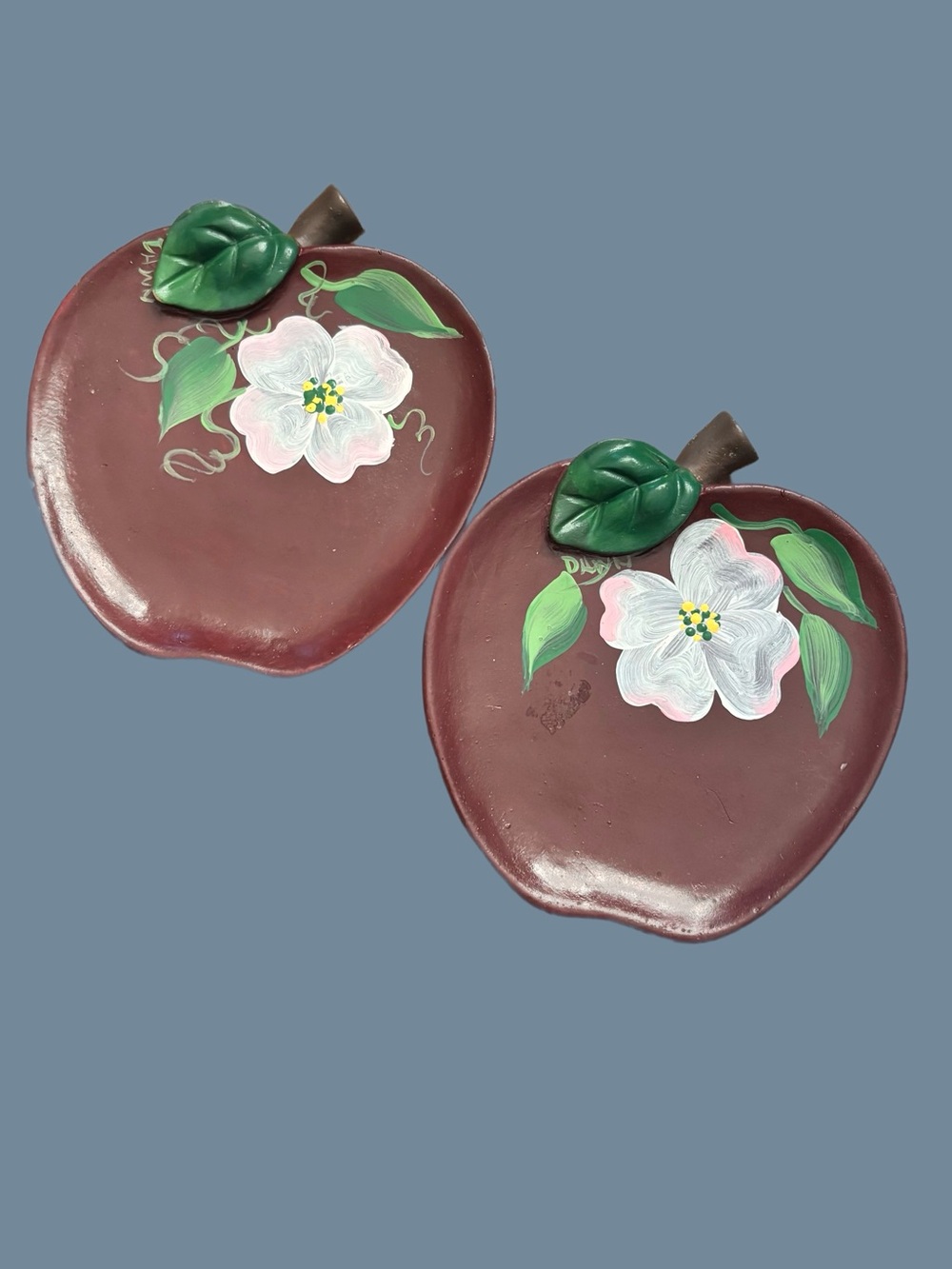 Burgundy Apple Wall Accent Plaques with Hand-Painted Floral Motif